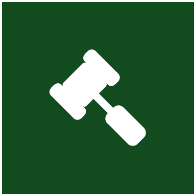 White gavel icon on green background.