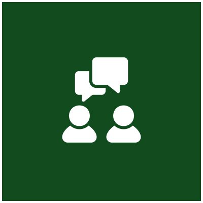 Icon of two people communicating via speech bubbles on green background.