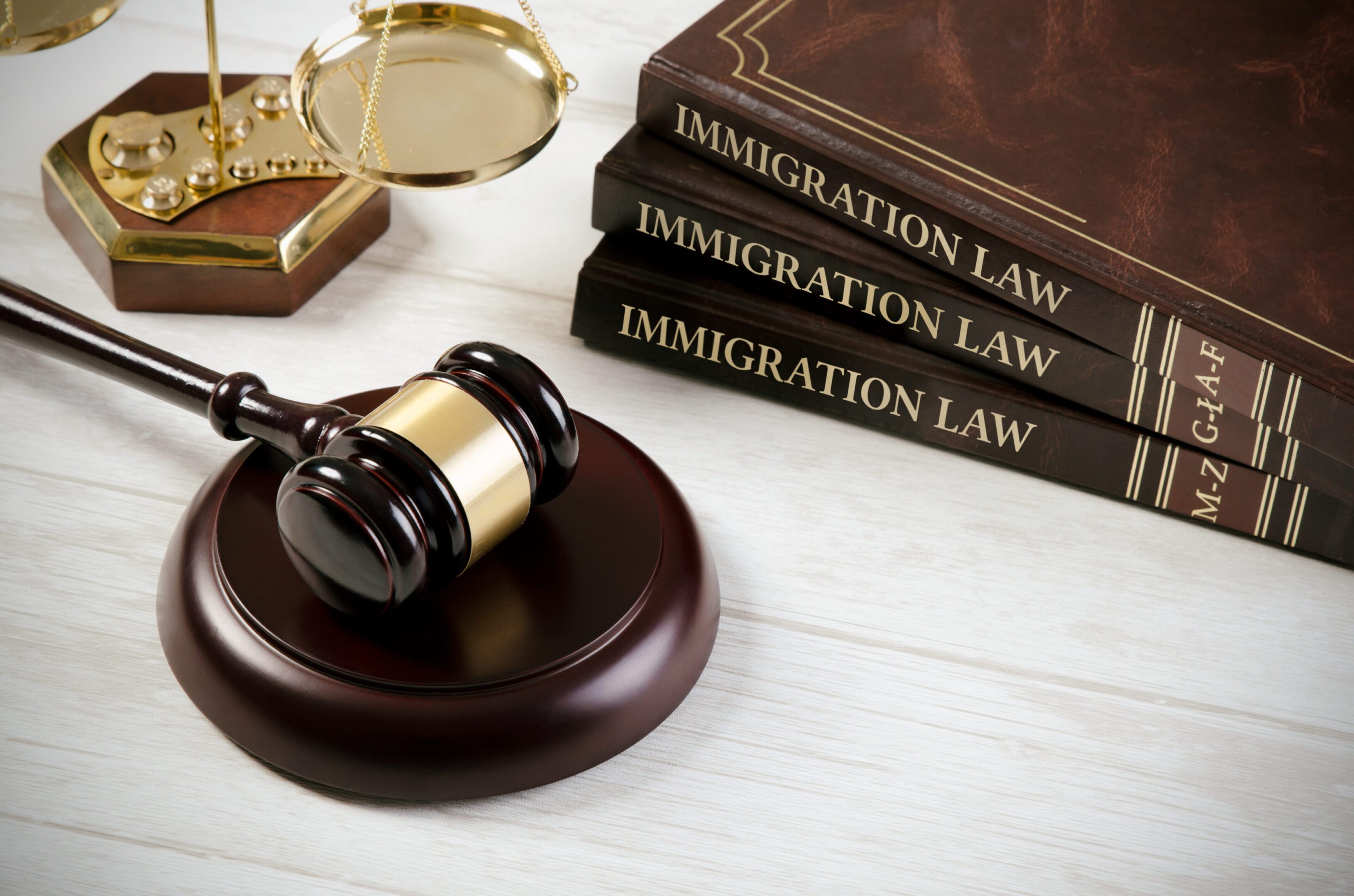A judge's gavel and immigration law books on a desk.
